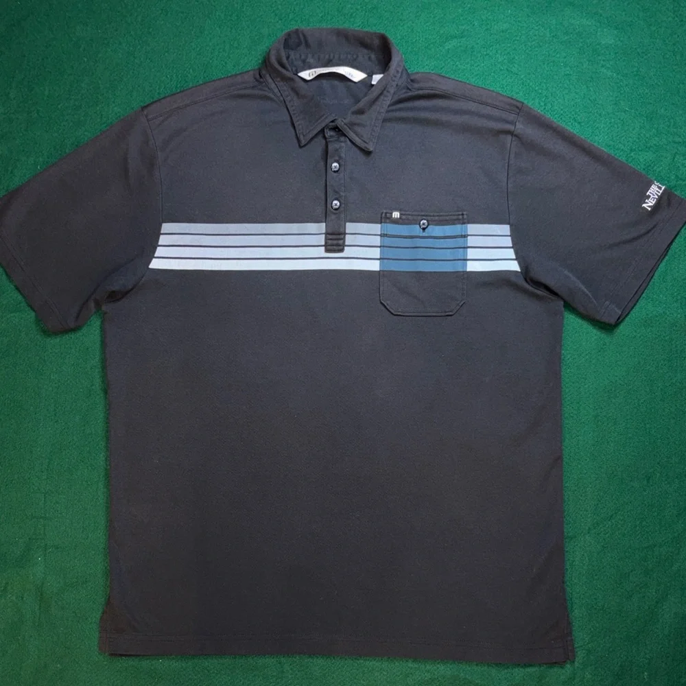 Travis Mathew Black Polo with Blue and Gray Stripes